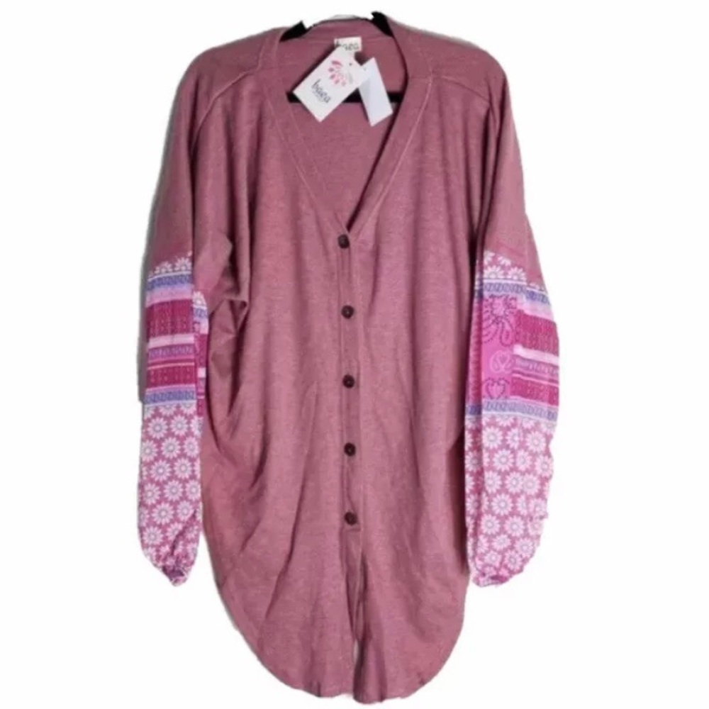 BAEA Pink Cardigan Thermal/Waffle Knit Floral Sheer Sleeves Hi-Lo Hem Size 1X